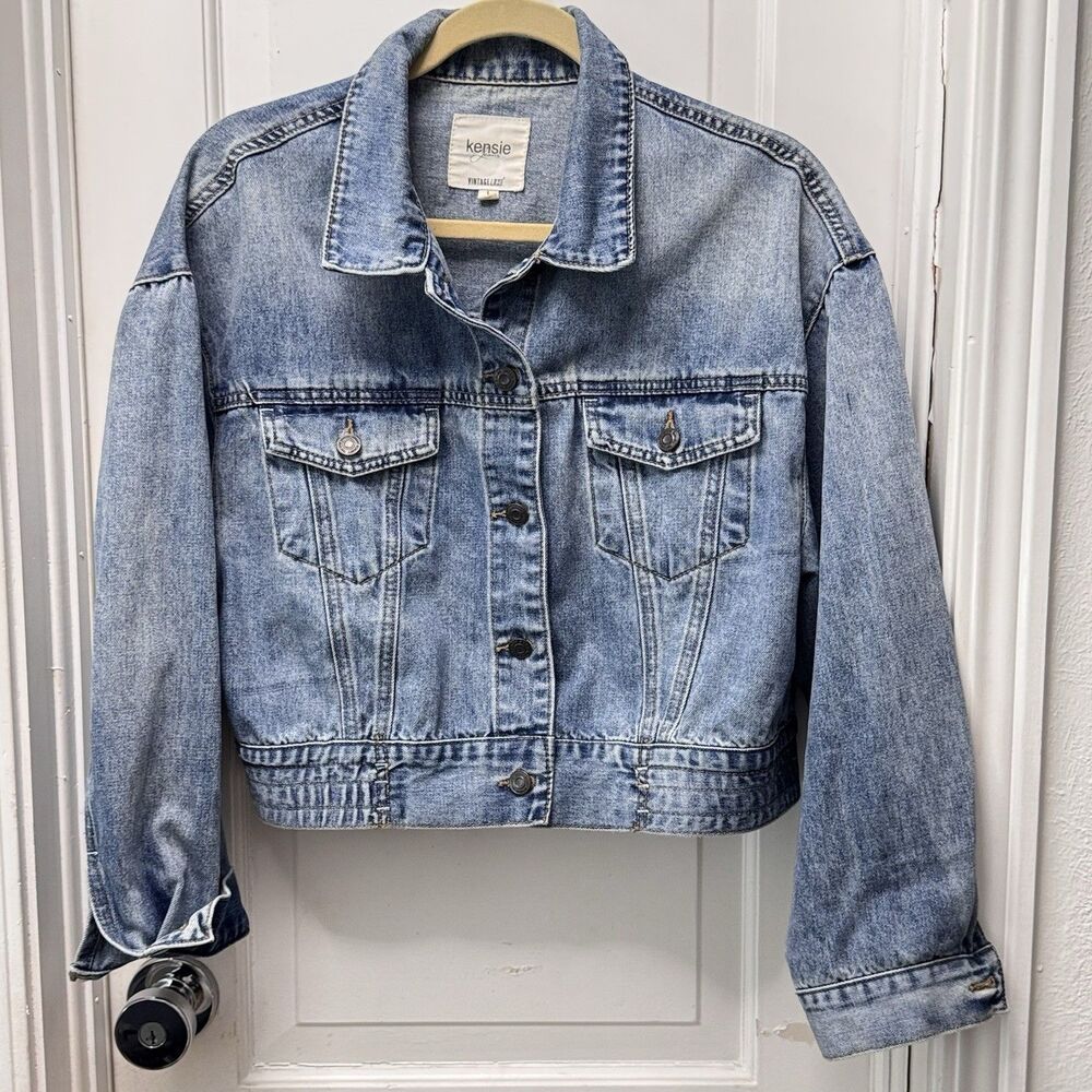 Kensie Vintage Distressed Denim Jacket Womens M Crop Boomer Blue Festival Y2K